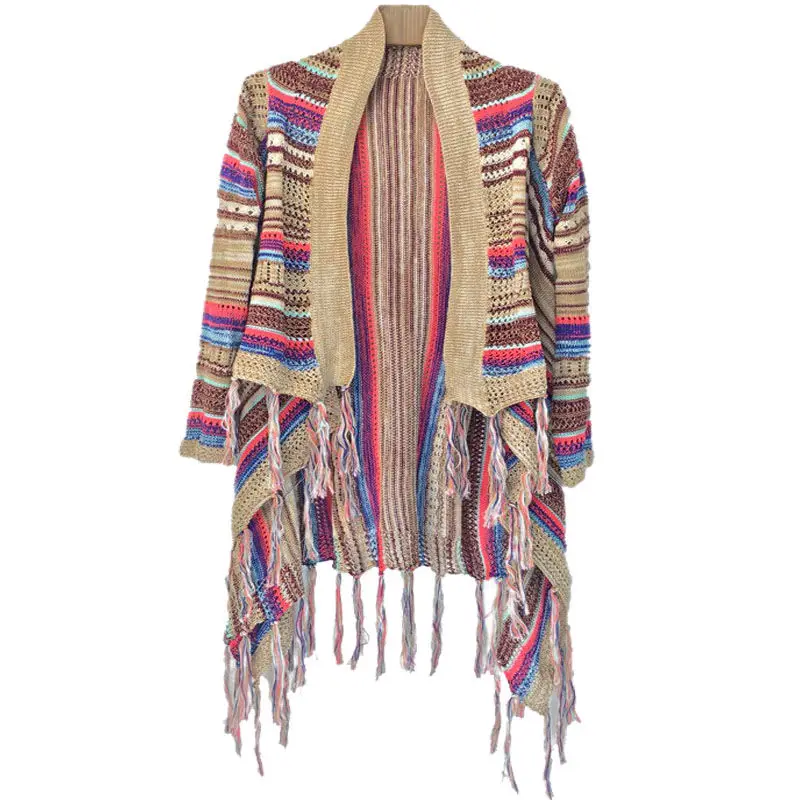Женский вязаный облегающий свитер с кисточками пончо повседневный полосатый