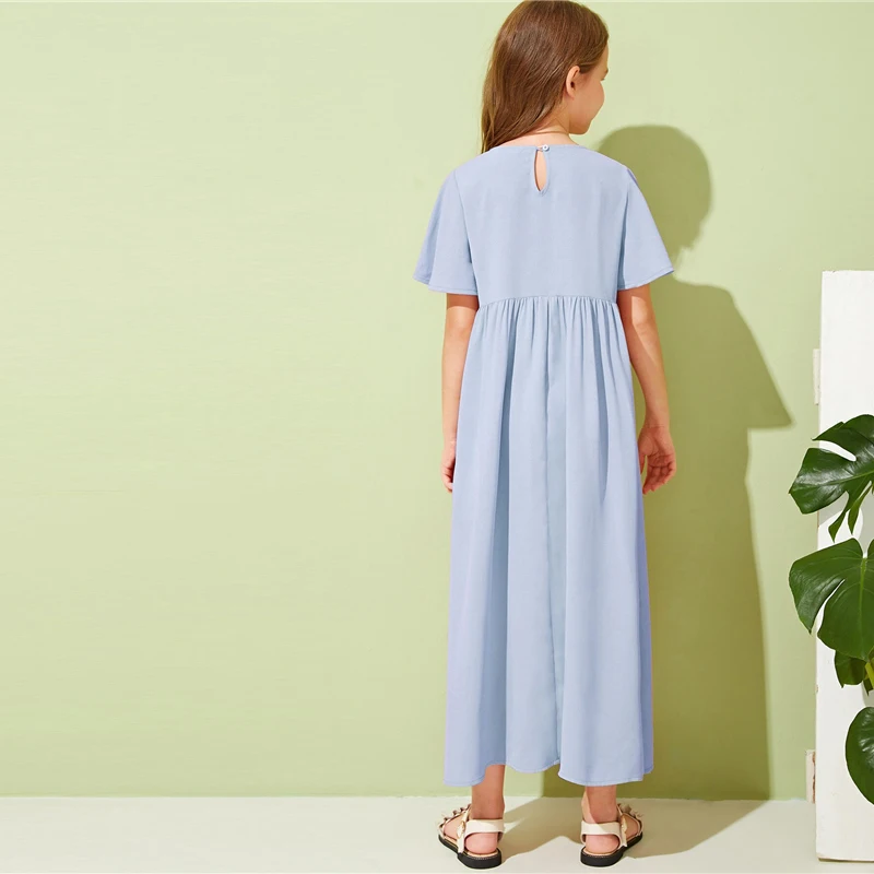SHEIN/Детское платье для отдыха для девочек с вышивкой спереди и пуговицами; коллекция года; летние длинные платья трапециевидной формы с рукавом-бабочкой в стиле бохо для детей