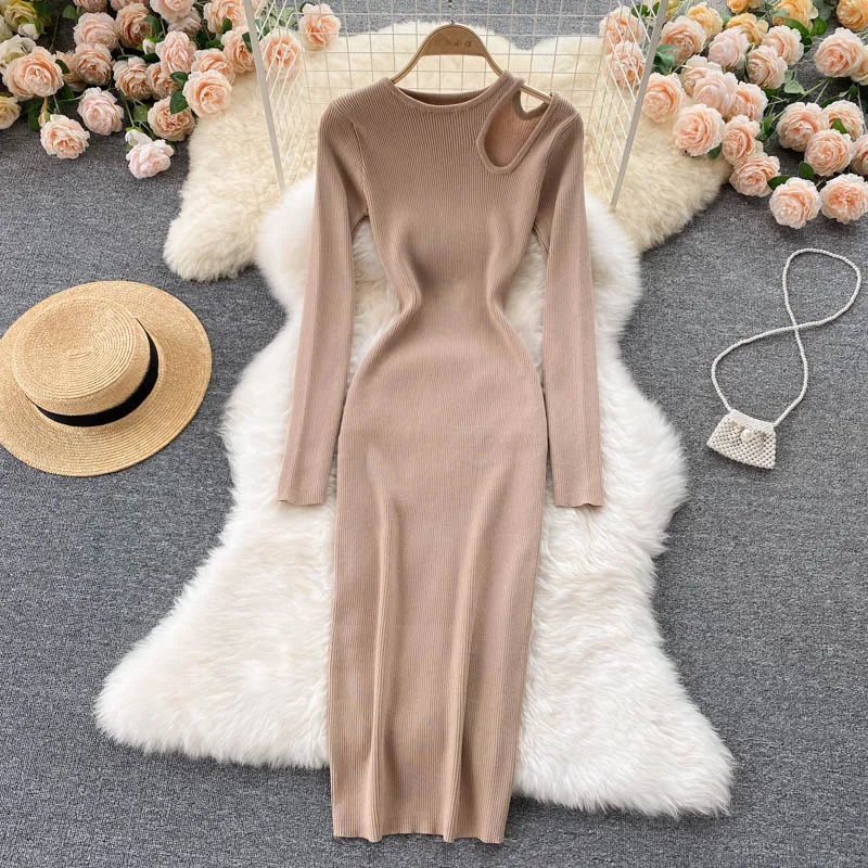 

2021 Autumn Winter Round Neck Long Sleeve Dress Women Elegant Cut Out Sexy Night Out Ribbed Knitted Dress