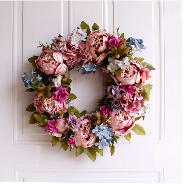 

40cm Artificial Flowers Welcome Wreath Door Ornaments Christmas Party Wedding Home Decoration Simulation Peony Wreath