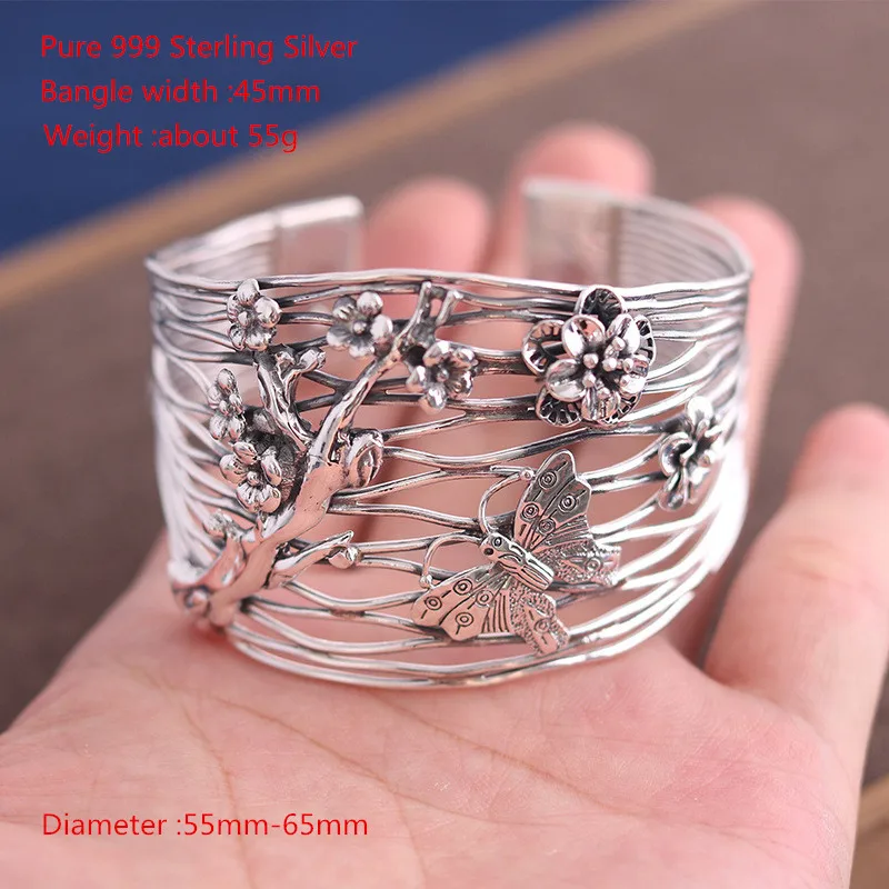 

Buyee 45mm Width Female Bangle Retro Butterfly & Small Flower Solid 925 Sterling Silver Ethnic Big Bangle Women Luxury Jewelry