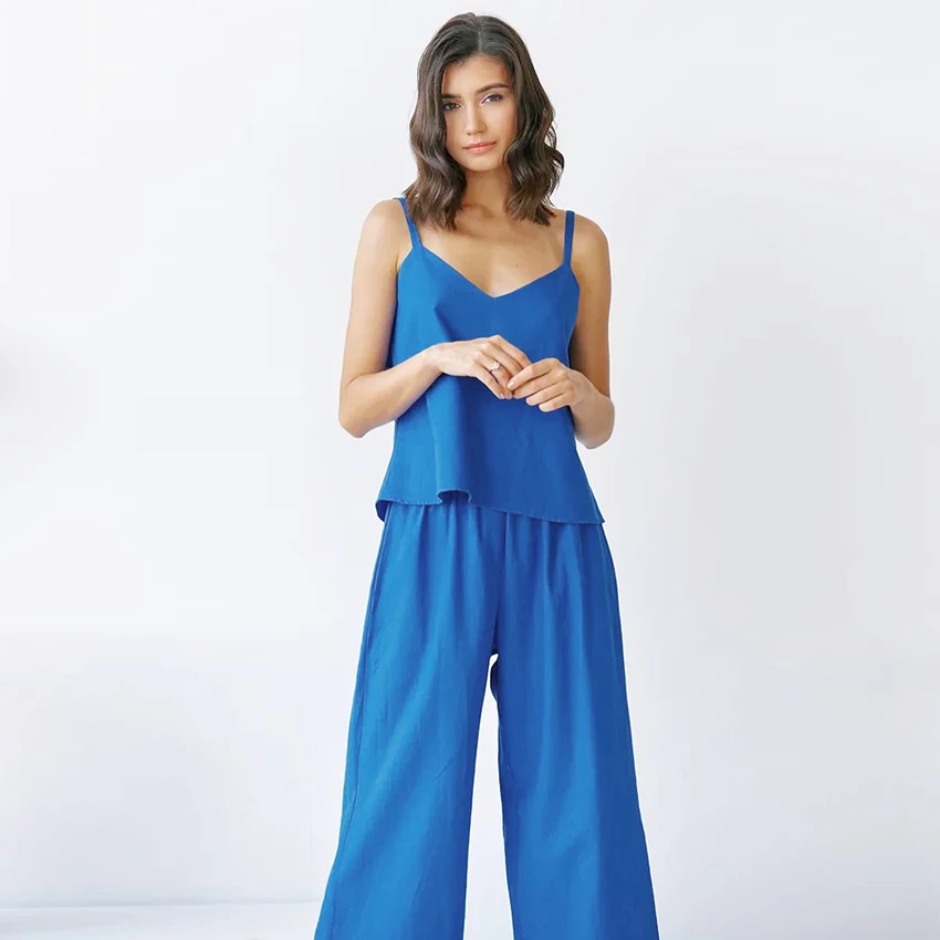 

Hiloc синяя Пижама женская Хлопковая пижама с брюками брюки с широкими штанинами костюмы на тонких бретельках свободный домашний костюм с отк...