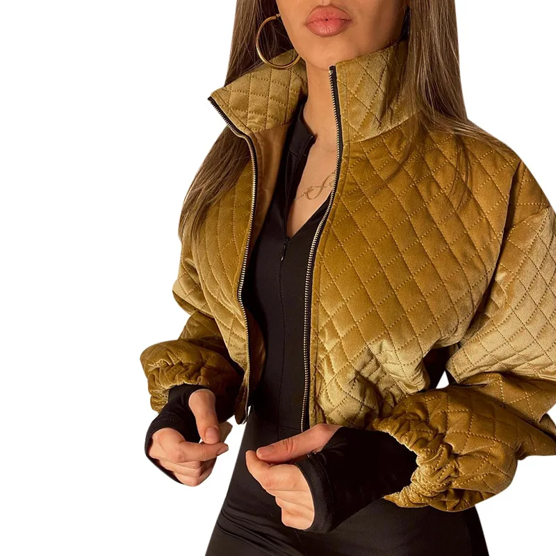 Fashion Bomber Jacket Plaid Warm Gold Black Parka Women Streetwear Cotton Zipper Winter Jackets Casual Chic Long Sleeve Parkas