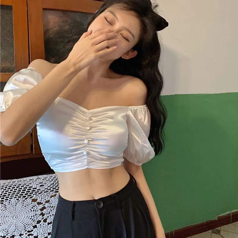 

Women's Shirts Summer Silm Slash Neck Sweet Top Puff Sleeve Sexy Solid Short Sleeves Blouses