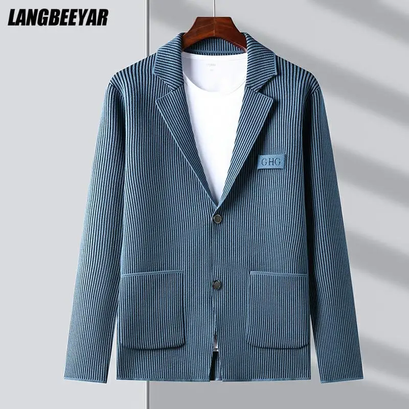

Top Grade New Brand Casual Fashion Slim Fit Striped Blazer Jacket Smart Elegant Stylish Knitted Suit Men Coat Mens Clothes 2021