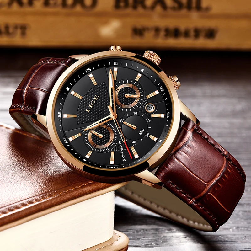 Mens Watches LIGE Fashion Waterproof Chronograph Top Brand Luxury Quartz Watch Men Casual Leather Sport Relogio Masculino | Наручные часы