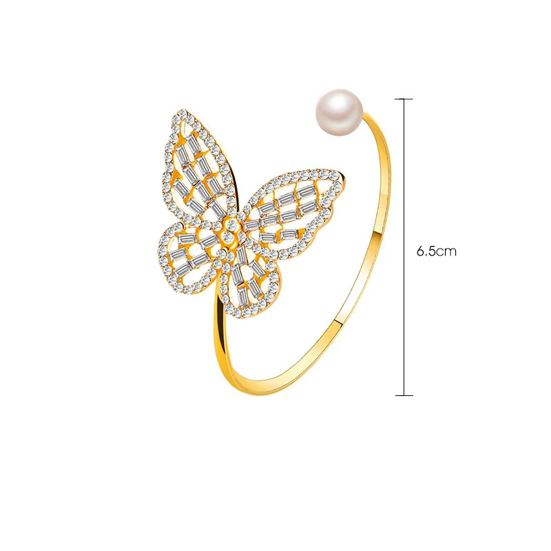 

Temperament Hollow Zircon Butterfly Bracelet Exaggerated Big Pearl Crystals Opening Adjustable Wristband Women Girls Jewelry
