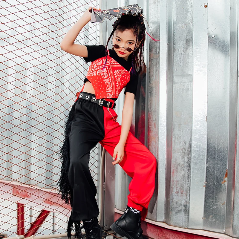 

Обувь для девочек в стиле «хип-хоп» джазовый танцевальный сценический наряд с кисточками брюки костюмы для уличных танцев комплект дефиле, костюм для выступления в YS1247