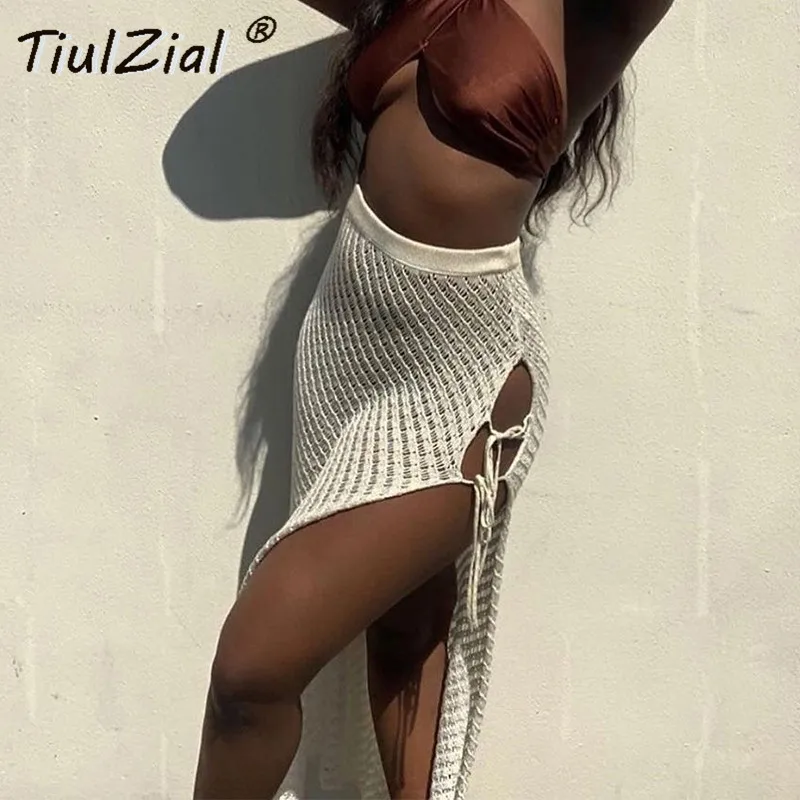 

TiulZial Women Dress Set Knitted Hollow Out Sexy Crop Top And High Waist Midi Skirt Transparent Beach Summer Dress Holiday