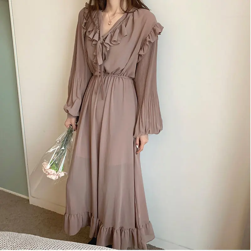 

French Retro Chiffon Ruffles Chic Gentle Sweet Female All Match High Street Fashion Vintage Elegant Long Dresses