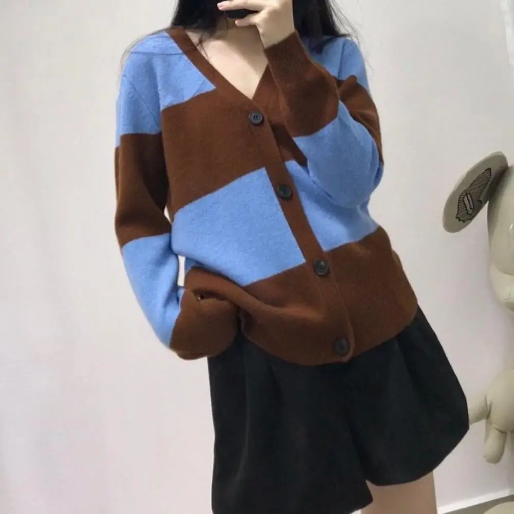 

Women Stripes Knitted Cardigan Sweater Long Sleeve Lady Single-breasted Knitwear Female outwear top 2021 Early Autumn