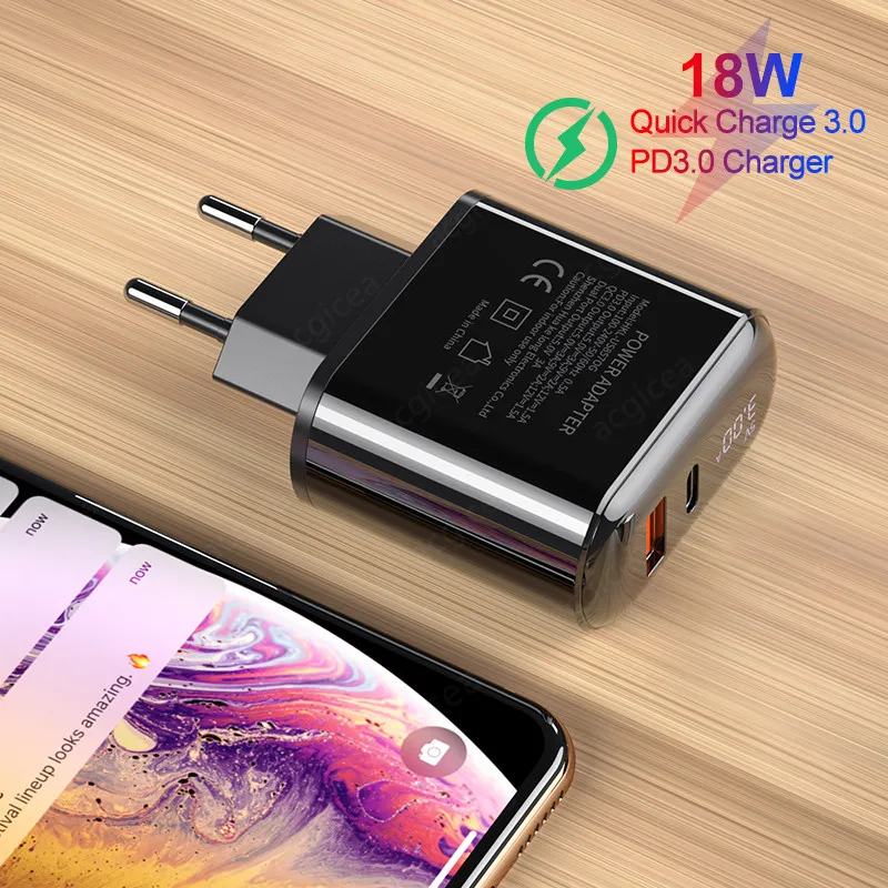

Digital Display PD Mobile Phone Charger USB Charger 3A Quick Charge 3.0 Fast Charging Travel Wall Adapter For Samsung Xiaomi