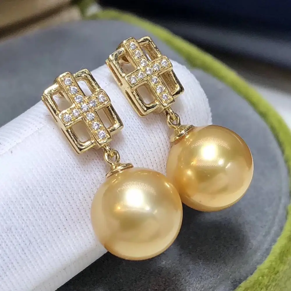 Fine Jewelry 1103 Pure 18 K Gold Phillipine Natural Ocean Golden Pearls 10-9mm Stud Earrings for Women Pearl | Украшения и