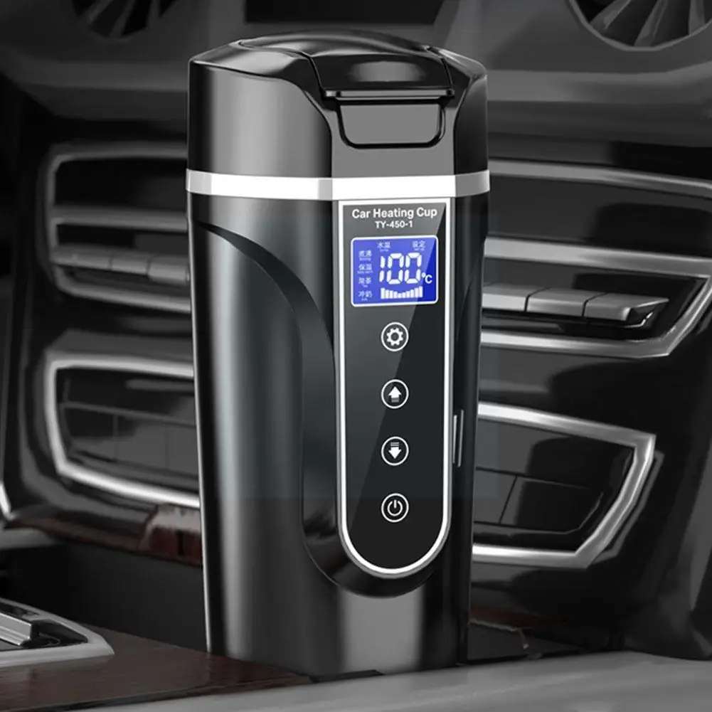 

Portable Car Heating Cup 12V/24V Steel Water Warmer Bottle 450ml Kettle Water LCD Display Temperature Electric Car Cup Z1W5