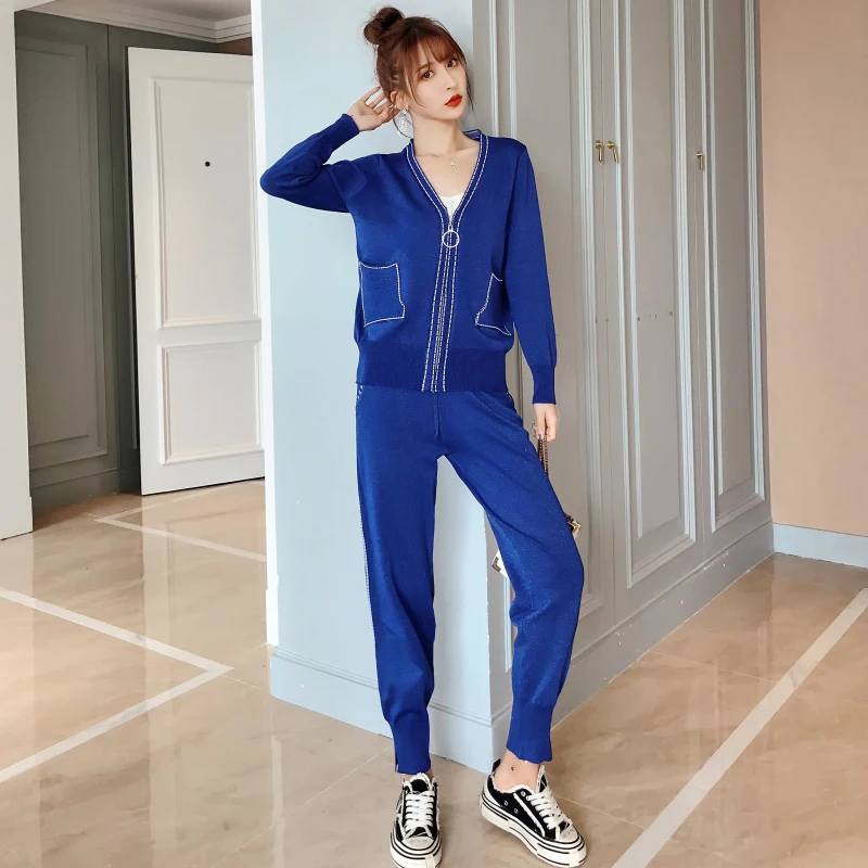 

European Fashion Women Knitting Leisure Suit New Outfit Two-Piece Clothing Set V Neck Zip Top Trousers Clothes Casual Student