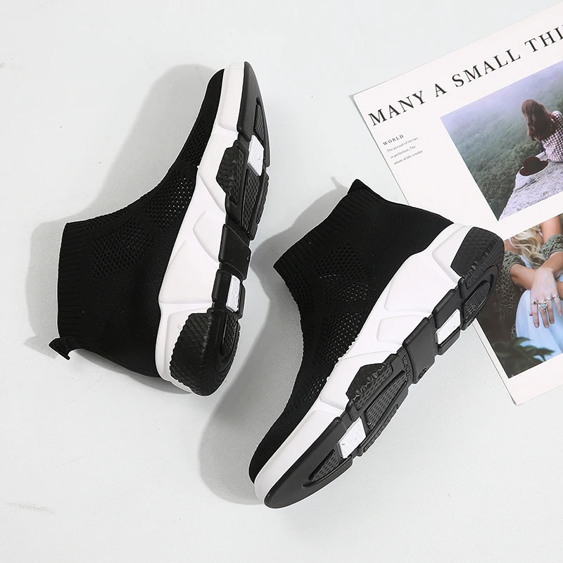 

Autumn Solid Black Sock Boots Breathable Knitting Ankle Boots Women Shoes Woman Slip On Winter Boots Plus Size Platform Shoes