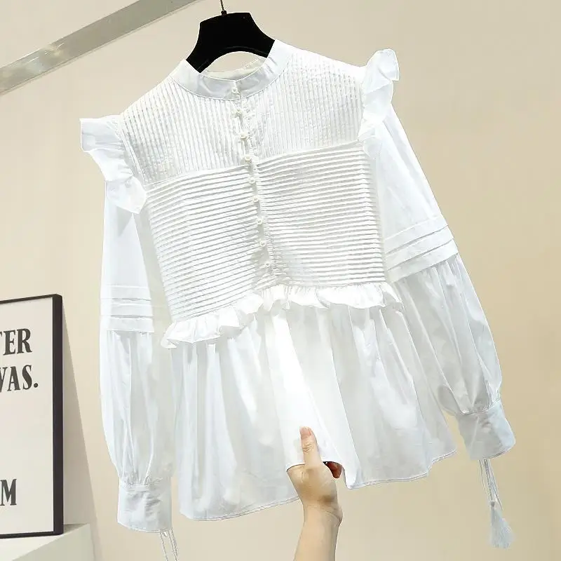 

Ruffle Stitching Pleated Lantern Sleeves Lace Up Stand Collar Loose Retro Korean Style Shirt Ruffles Long Sleeve Shirt Women