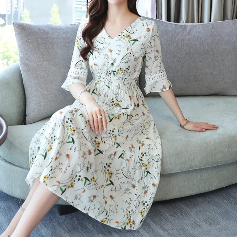 Корейское шифоновое платье женские платья с принтом женское v образным вырезом и