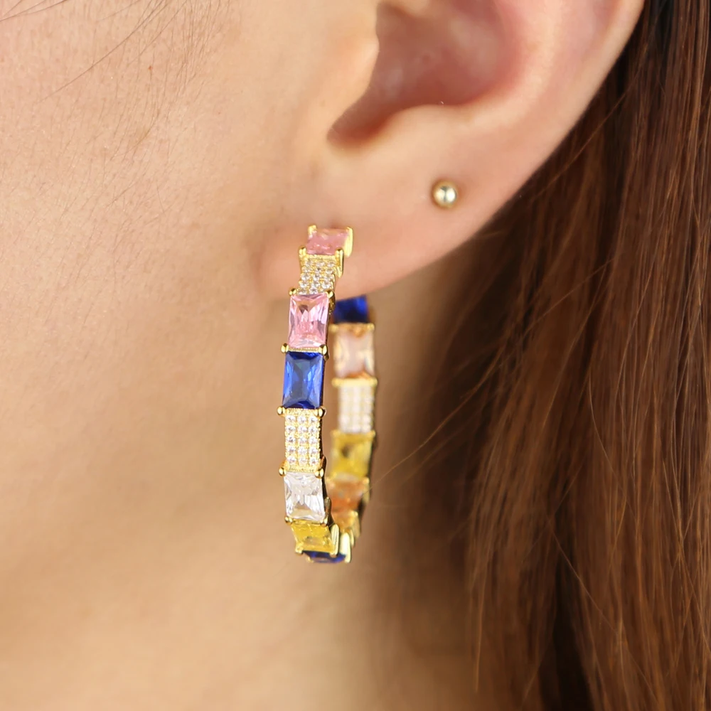 geometric square baguette cz pastel colorful huggie hoop earring stunning trendy women jewelry