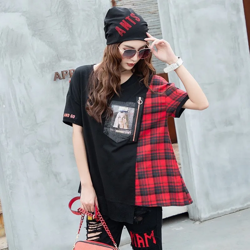 Женская футболка в клетку с коротким рукавом на молнии | одежда