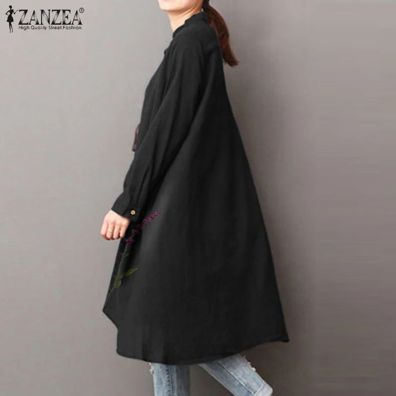 

ZANZEA Autumn Vintage Long Shirt Casual Women Long Sleeve Embroidery Floral Blouse Cotton Linen Blusas Chemise Tunic Tops Female