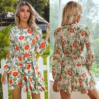 2021 autumn holiday dress office flower print ruffle women dress a line o neck casual long sleeve female sashes party vestidos