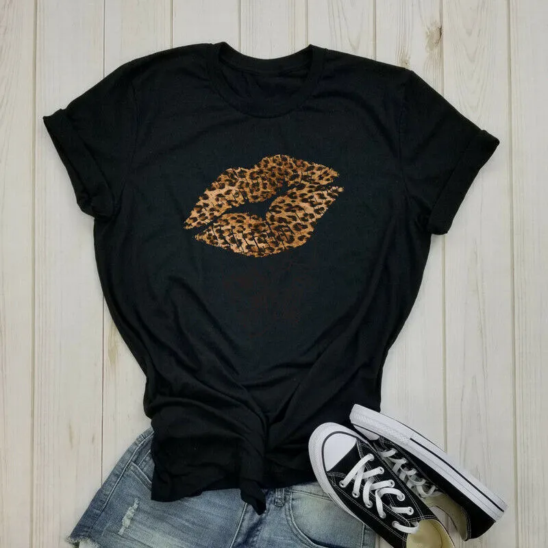 Женская Сексуальная футболка с леопардовым принтом и губ Повседневная забавная