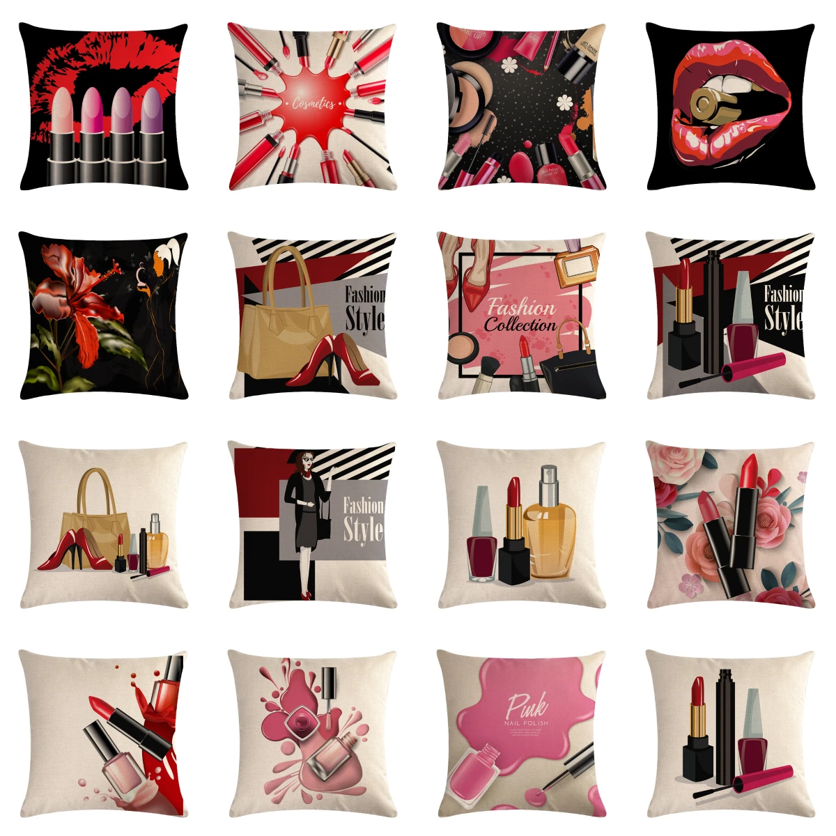 

Fashion Lady Linen Women Cosmetics Print Cushion Cover Lipsticks Perfume Bottles Bags Pillows Decorative Sofa Couch Pillows Case