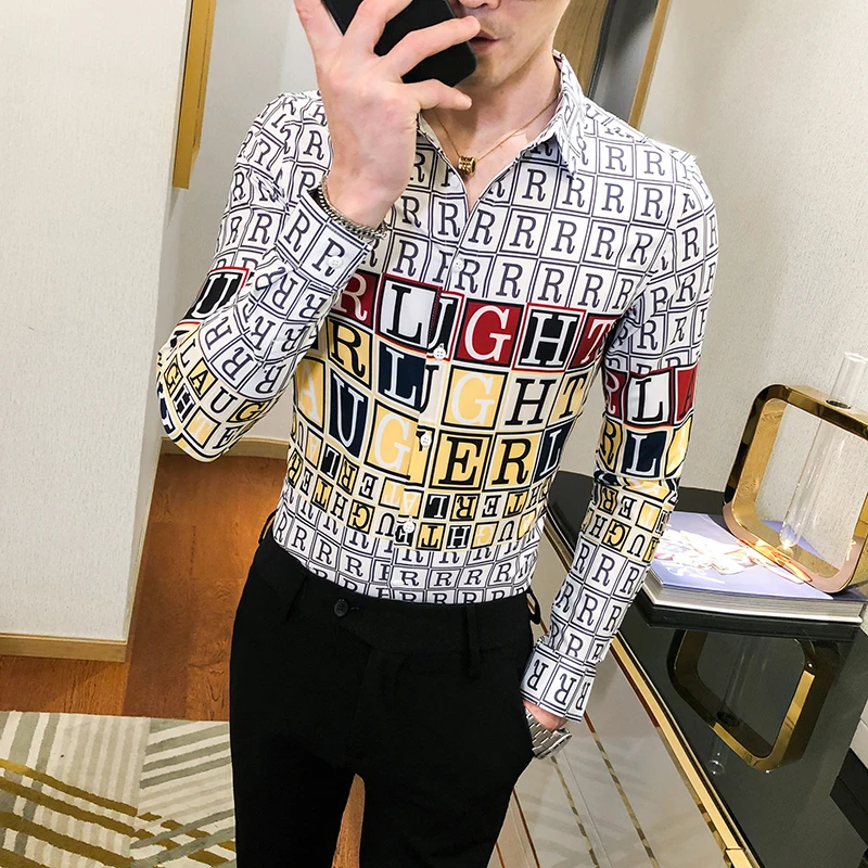 

Full Letter Men Dress Shirts Vintage Casual Mens Shirt Slim Long Sleeve Formal Tops Streetwear 2021 Spring Social Blouse Homme