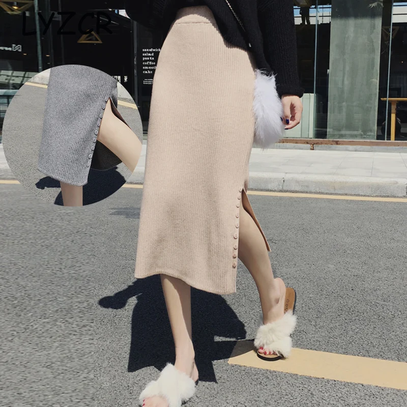 Зимняя женская трикотажная юбка карандаш стрейчевая тонкая с разрезом Женская