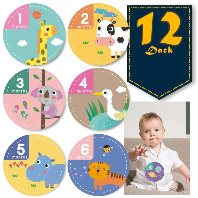 

12 Pcs/Set Baby Pregnant Monthly Stickers Cartoon Animal Pattern Memory Recording Milestone Sticker Photography Props