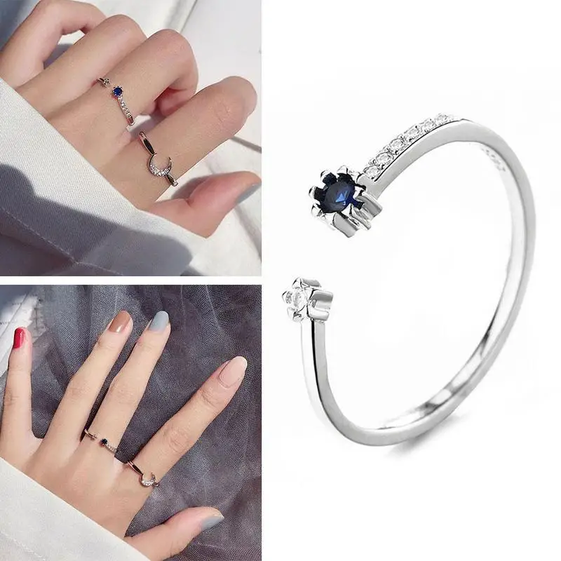 

Blue Star and Moon Ring Simple Couple Ring Opening Ring Sizable for Women Girl Gift Valentine's Day Gift