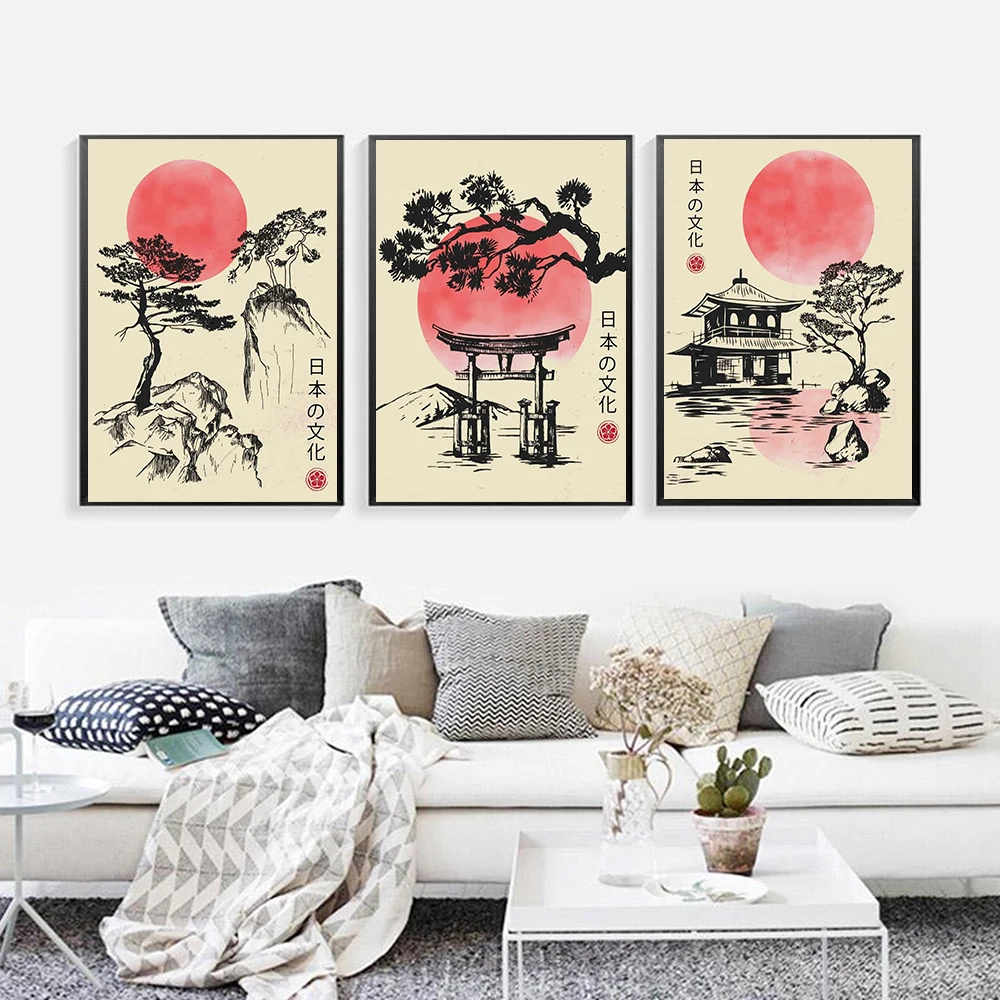 

Vintage Japan Culture Black Ink Trees Canvas Painting Watercolor Sun Mountain Poster and Print Nordic Living Room Wall Art Decor