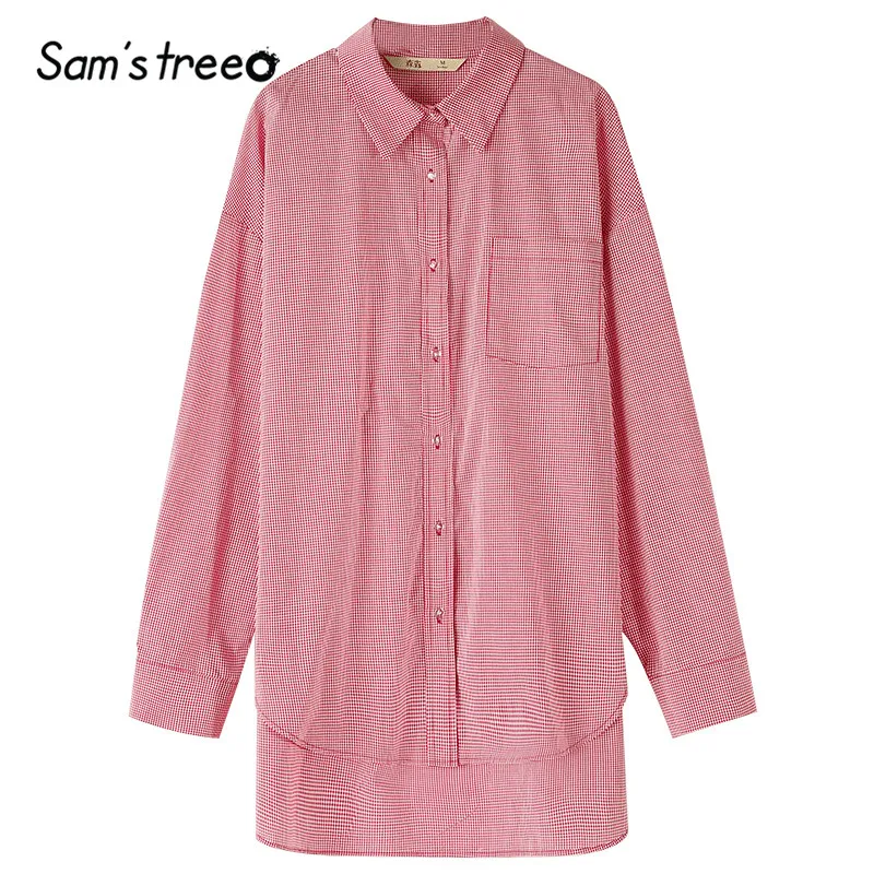 SAM'S TREE/клетчатые женские блузки с пуговицами спереди и графикой, осень, женские Топы с длинным рукавом и карманами в британском стиле