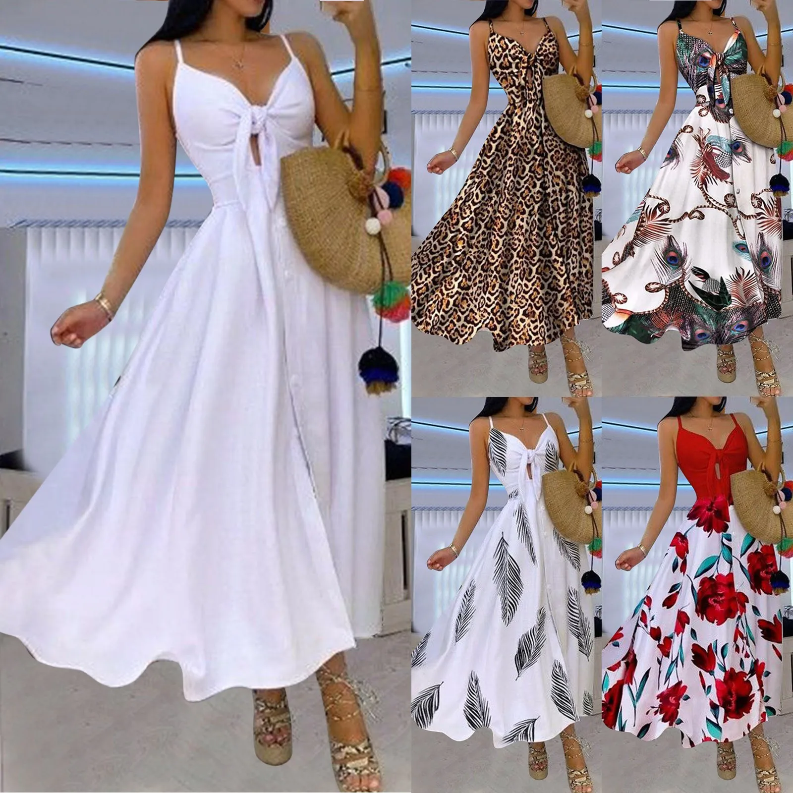 

Summer Beach Long Casual Dress For Fashion Women Button Casual Sleeveless Camis Vest V-neck Ladies Long Dress 2021 Платье Летнее