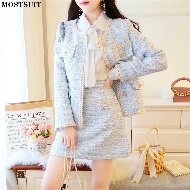 

Spring Elegant Vintage Tweed 2 Piece Set Women Long Sleeve Single Breasted Pockets Coat Tops And Mini Skirts Suits Outfit