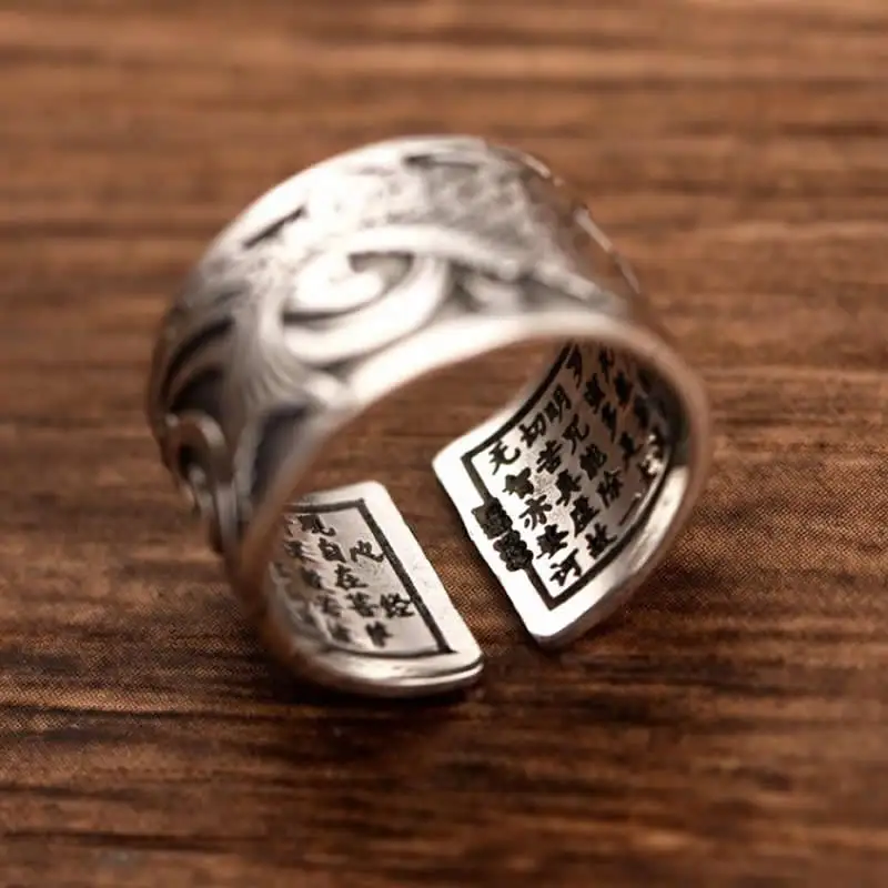 

Solid S925 Sterling Silver Ring Men's Carved Fish Ring Band Open Size