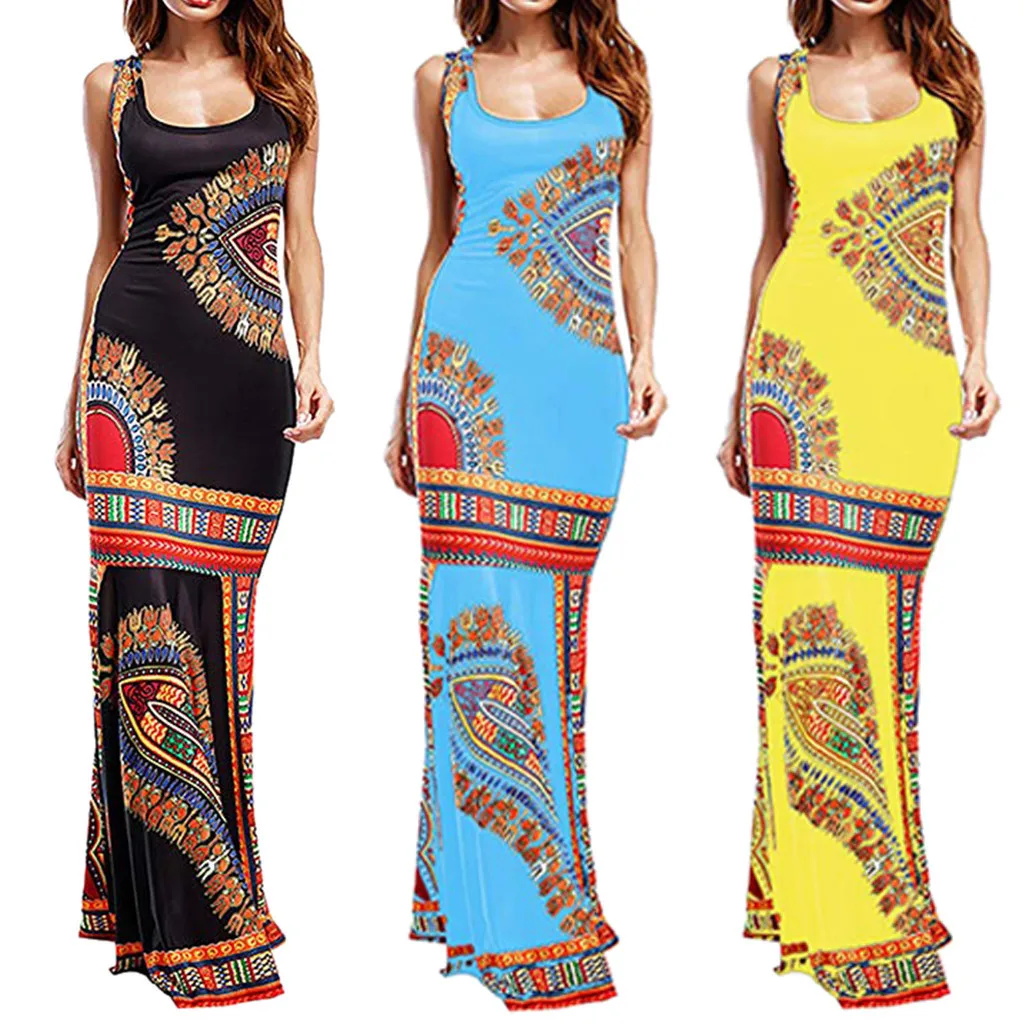 

African Clothes Dashiki Print Rich Bazin Ladies Sleeveless Vestidos Plus Size Ankara African Dresses For Women Bohemian Summer