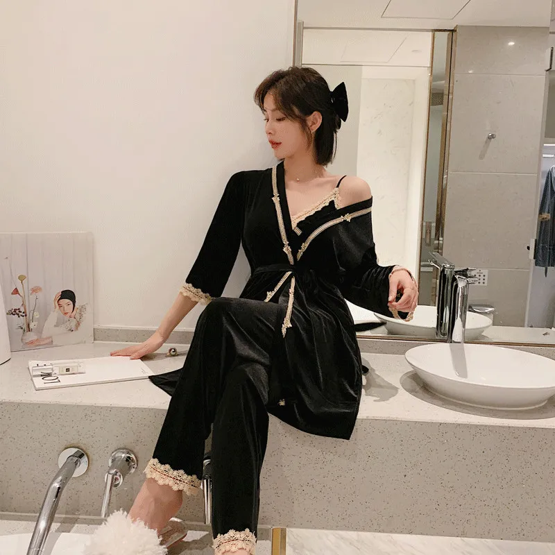

3PCS Gold Velvet Women Pajamas Suit Sexy Warm Winter Pajamas Sets Lady Bride Bridesmaid Wedding Sleepwear Nightgown Bathrobe