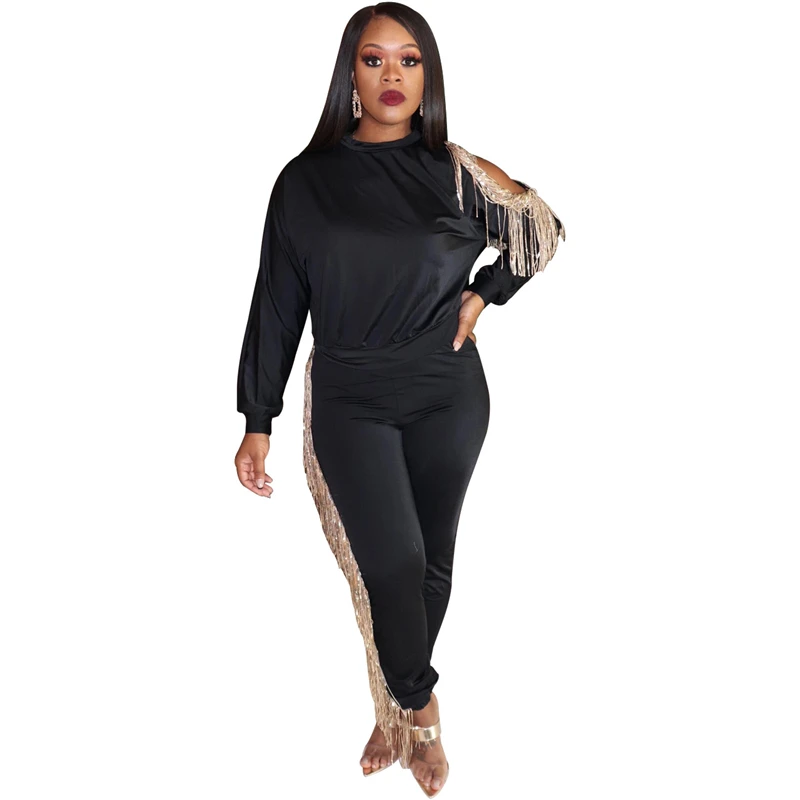 black 2 piece set Adogirl женский спортивный костюм с блестками и кисточками, Модный комплект из двух предметов, свитер с длинными рукавами, пуловер, топ, повседневные штаны - Цвет: black 2 piece set