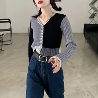 deeptown korean style vintage knitted cardigan sweater women patchwork slim sexy long sleeve jumper autumn casual coat female