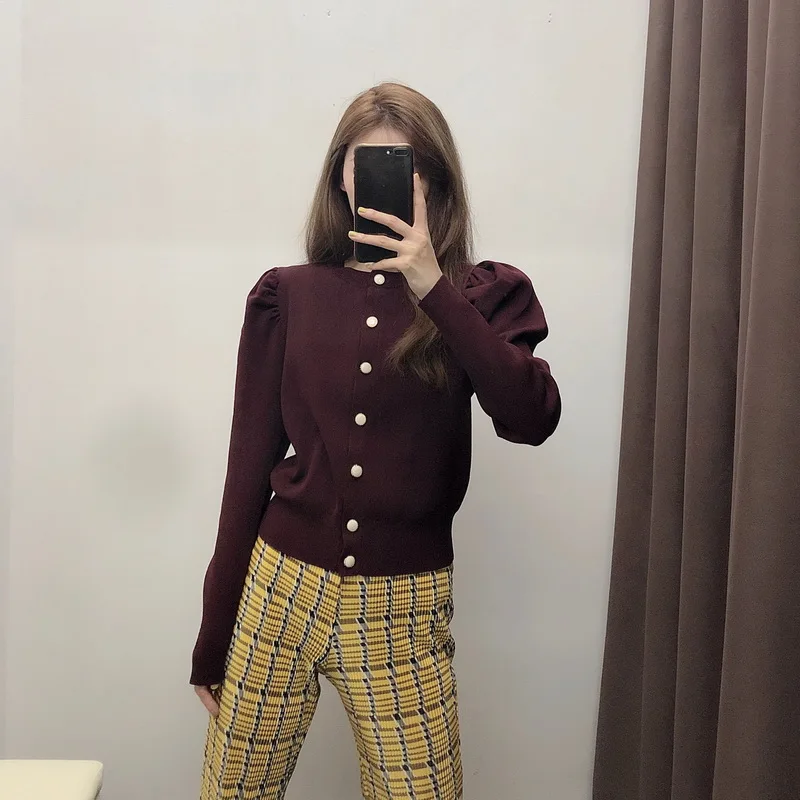 Chic Women Sweater Autumn 2019 New Fashion V-Neck Full Puff Sleeve Modern Lady Cardigans Tops |