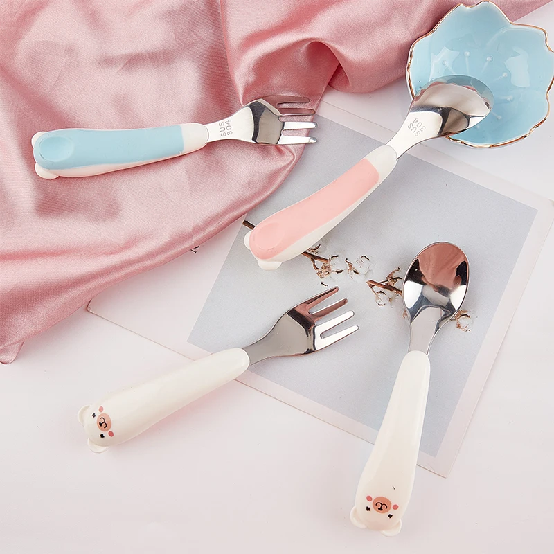 

Baby Tableware Set Infant Food Feeding Spoon Fork Gadgets 304 Stainless Steel BPA Free Toddler Cartoon Dinnerware Cutlery Gifts