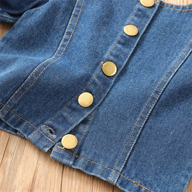 

1-6Y Baby Girls Summer Casual 2Pcs Denim Outfits Solid Color Short Puff Sleeves Tops + Wide-leg Shorts Toddlers Clothes Sets