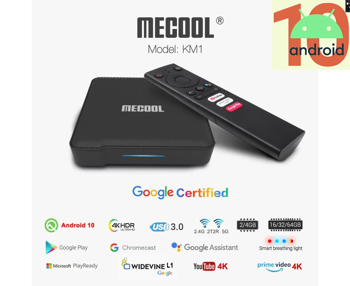 ТВ приставка Mecool с сертификатом Google Andriod 10 me cool KM1 A Tv 4 ГБ 64 Amlogic S905X3 2T2R Wi Fi 4K