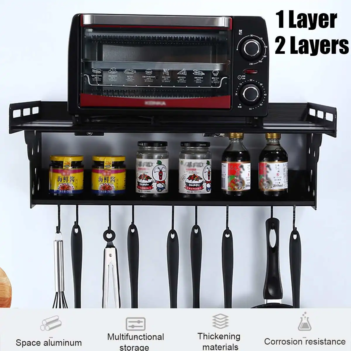 

1/2 Tier Upgrade Aluminum Microwave Oven Rack Shelf Kitchen Storage Rack Wall-Mounted Oven Stand Kitchen Storage with Hooks