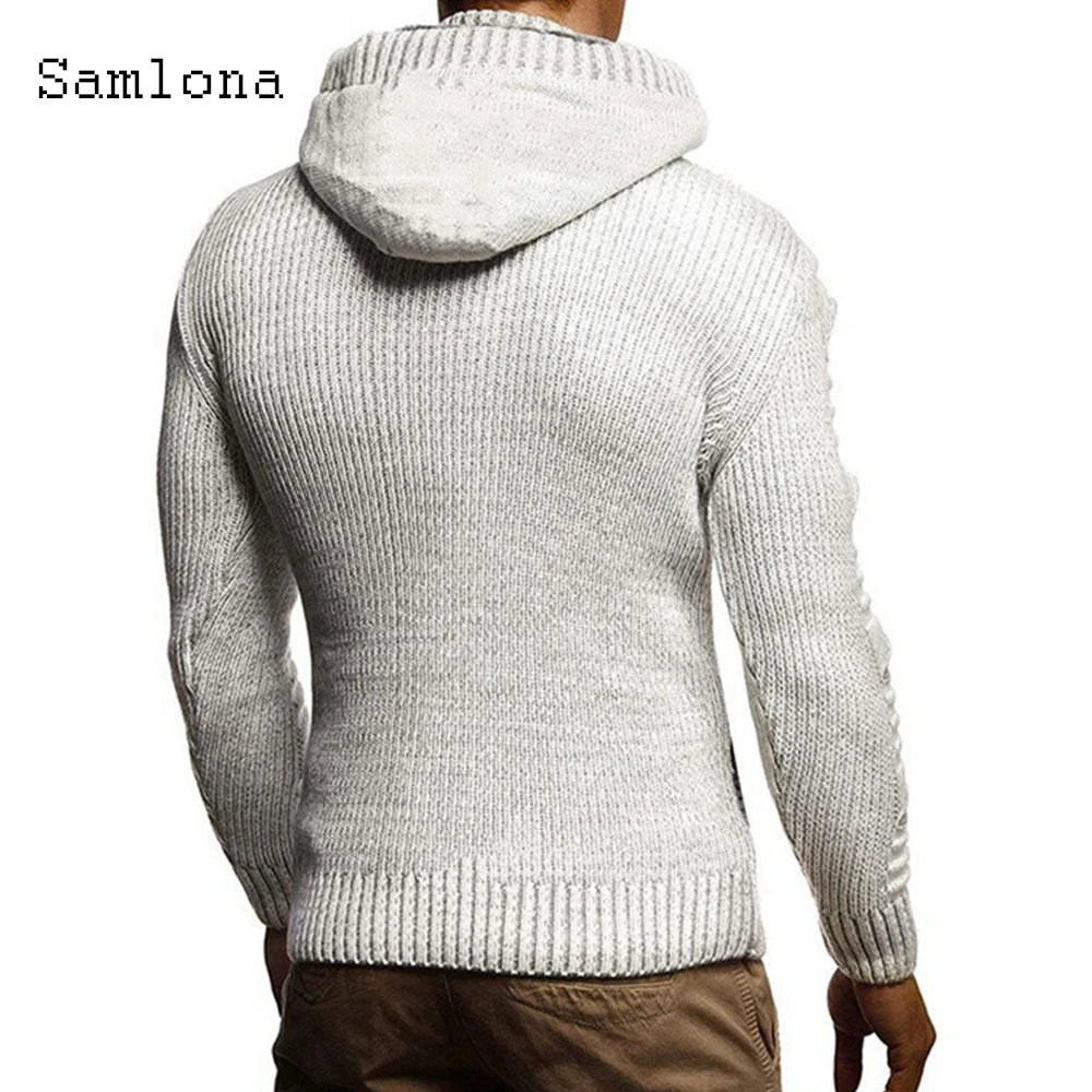 

Samlona 2021 Knitting Sweater Mens Spring Autumn New Leisure Casual Patchwork Button Hooded Sweaters Male Winter Warm Clothes
