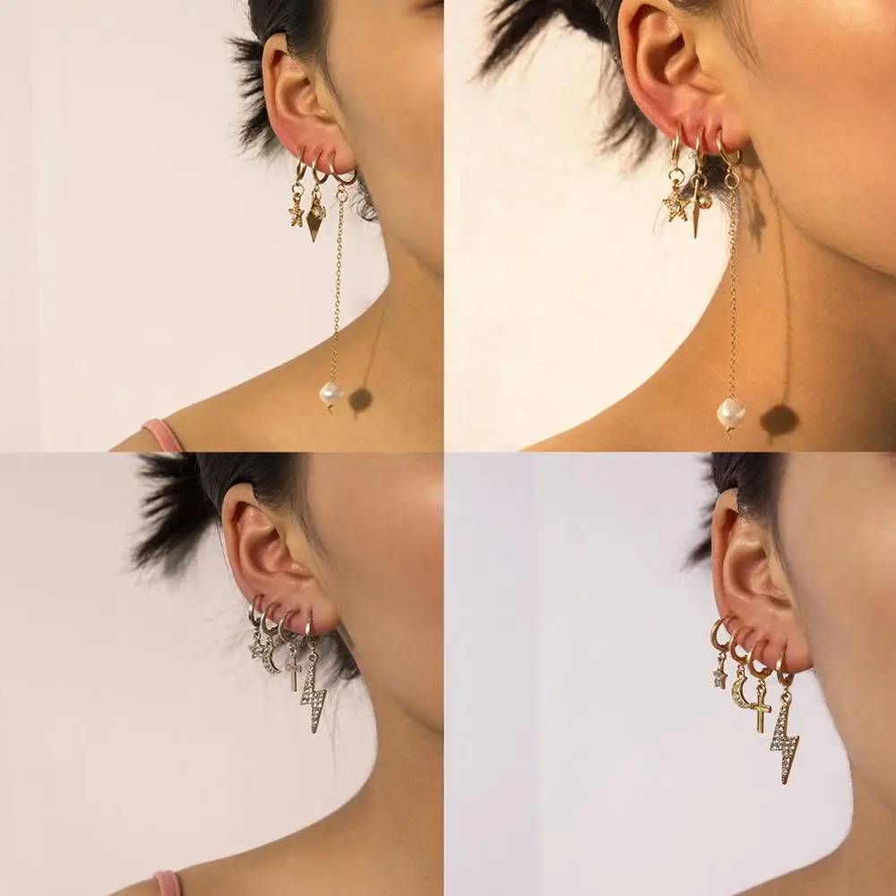 Стразы Золотой звезды и луна модные креативные простой комплект жемчужных серег