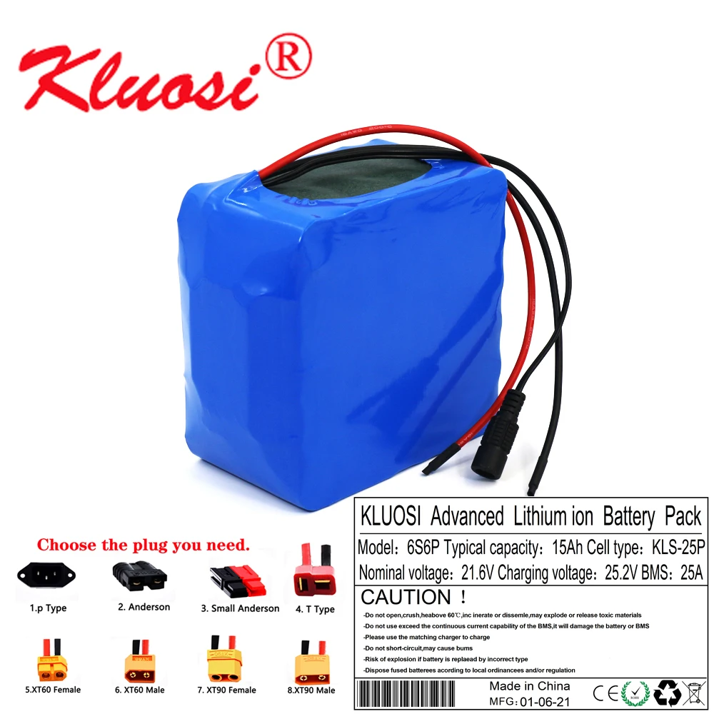 

KLUOSI 6S6P 21.6V 24V 15Ah 25.2V 18650 Lithium Battery Pack with 25A BMS for Electric Bicycle Ebike Scooter Wheelchair Cropper