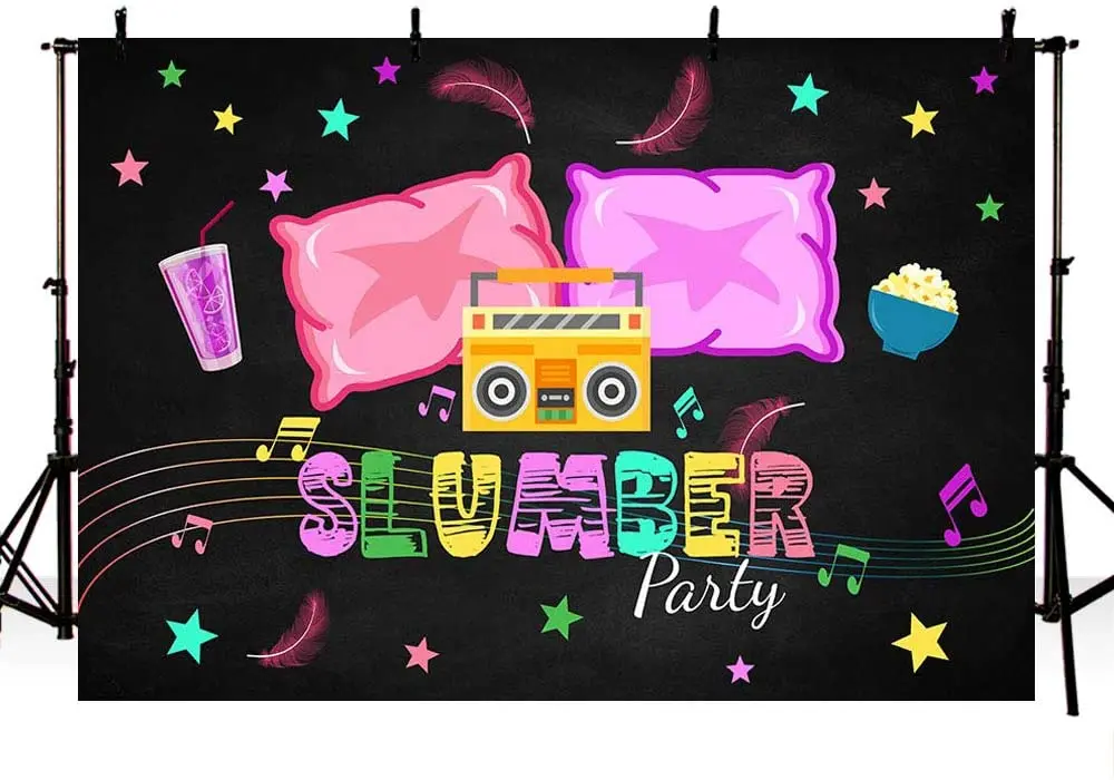 Slumber Party Girl Birthday Party Banner Photo Studio Booth Background Pajama Girls Sleepover Pillow Fight Black Backdrops